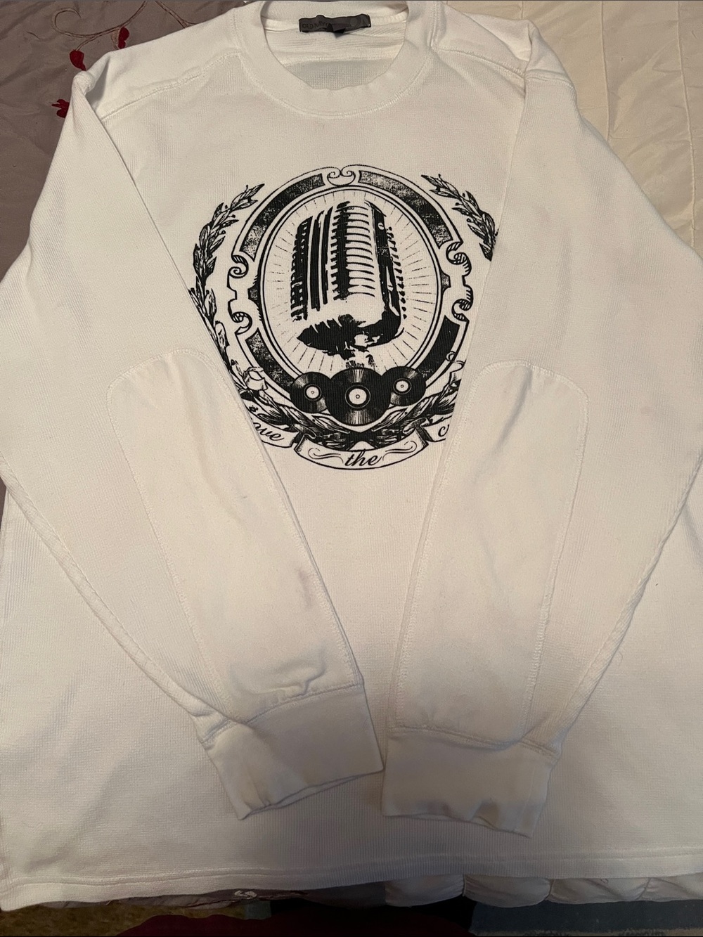 Old Navy White Crewneck Sweatshirt with Black Microphone Emblem